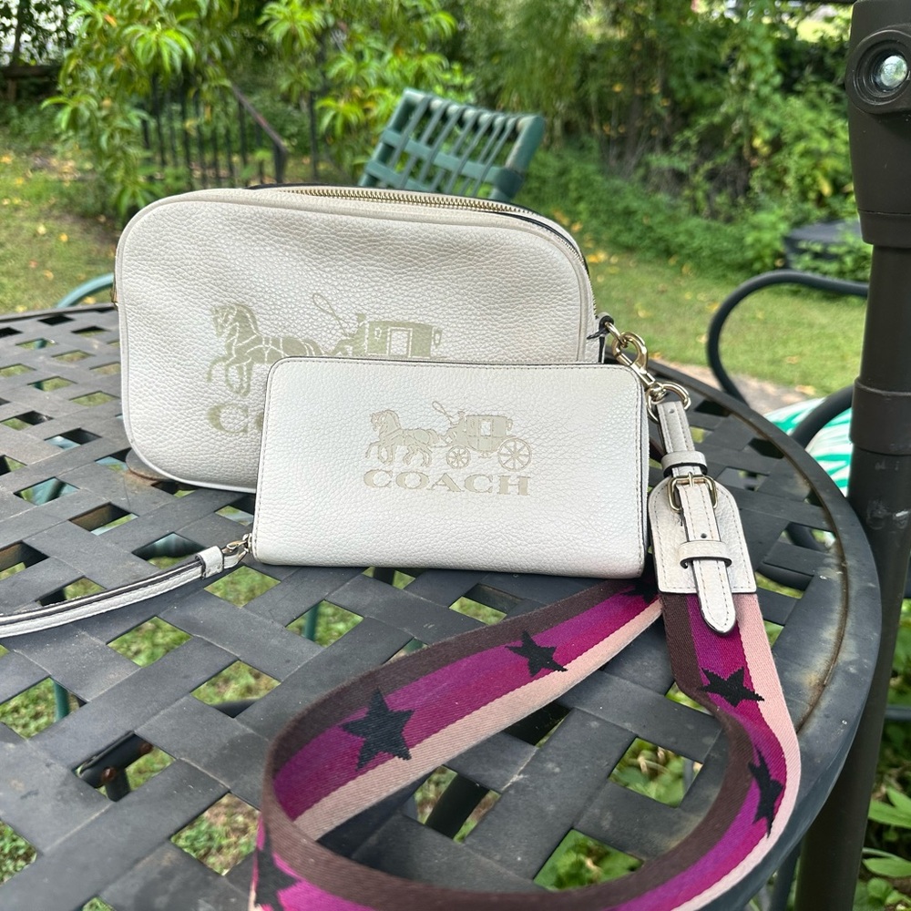 Coach Cream Crossbody Bag with Purple Star Strap and matching wallet